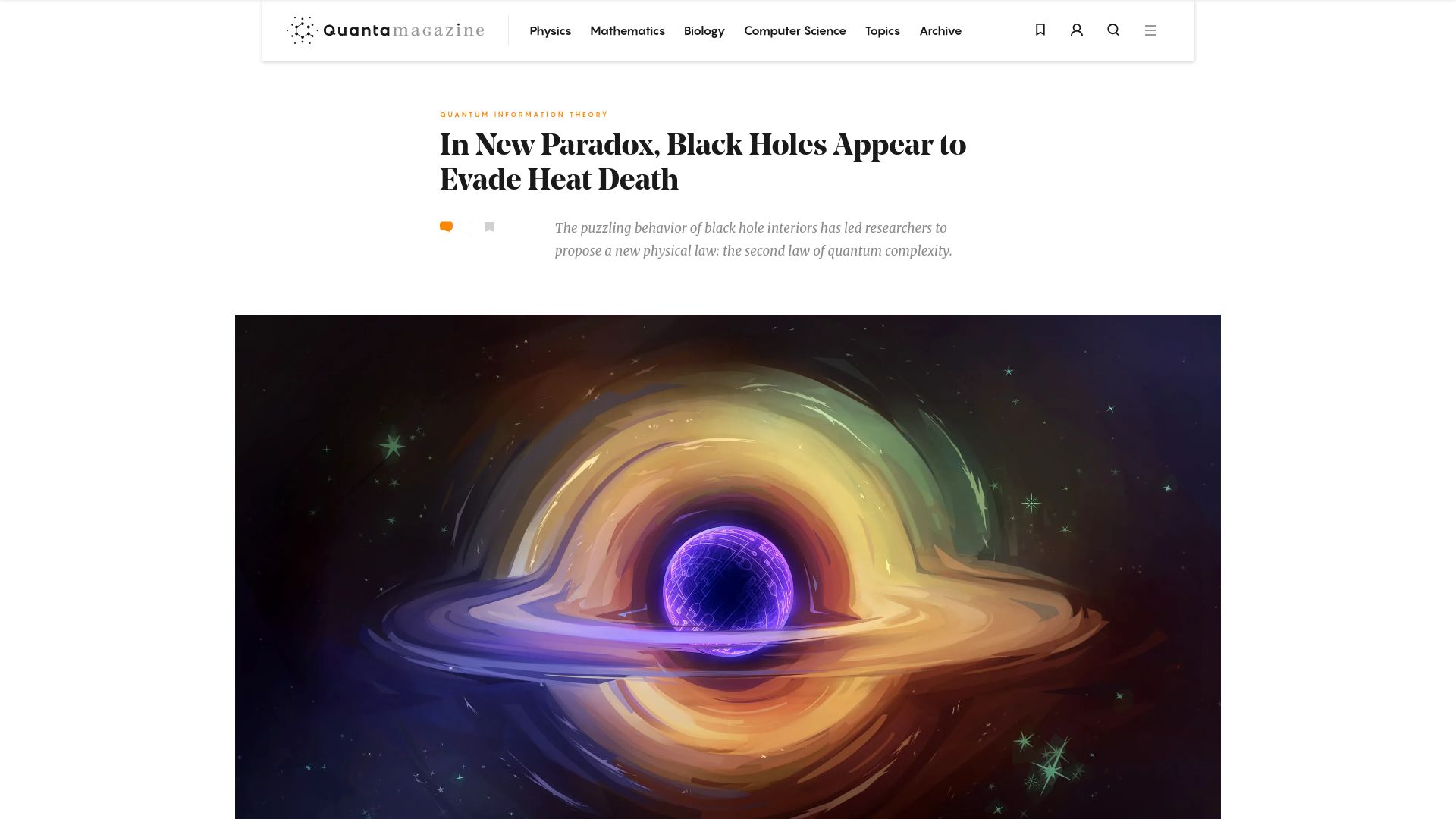 Screenshot of quantamagazine.org: In New Paradox, Black Holes Appear to Evade Heat Death