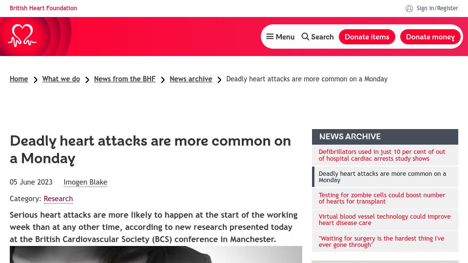 Screenshot of bhf.org.uk: Deadly heart attacks are more common on a Monday