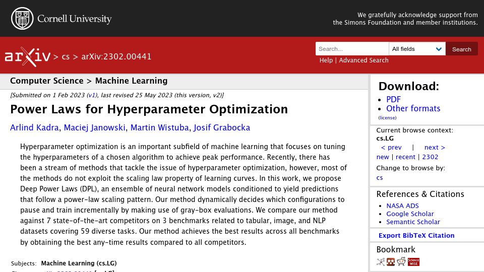 Screenshot of arxiv.org: Hyperparameter Optimization for LLMs via Scaling Laws
