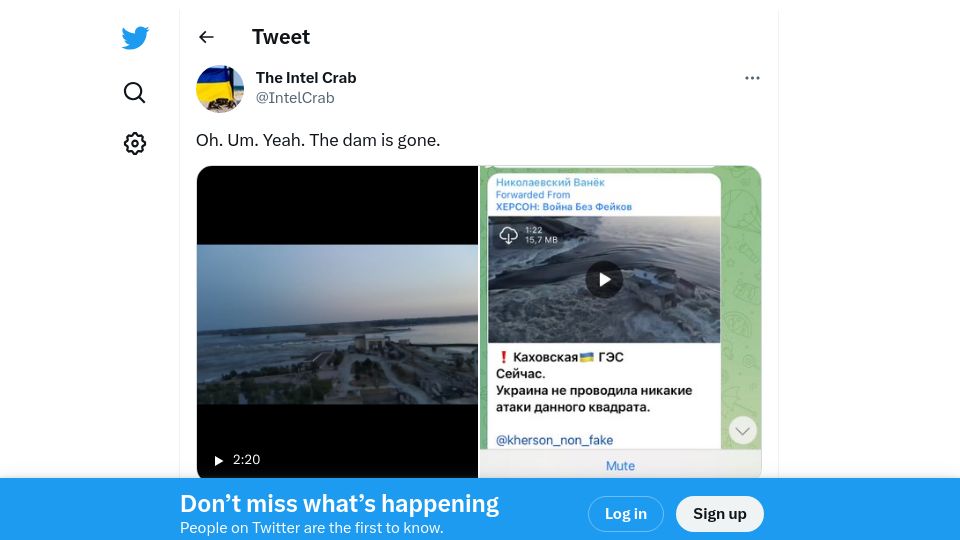 Screenshot of twitter.com: The Nova Kakhovka Hydroelectric dam in Ukraine has been blown open