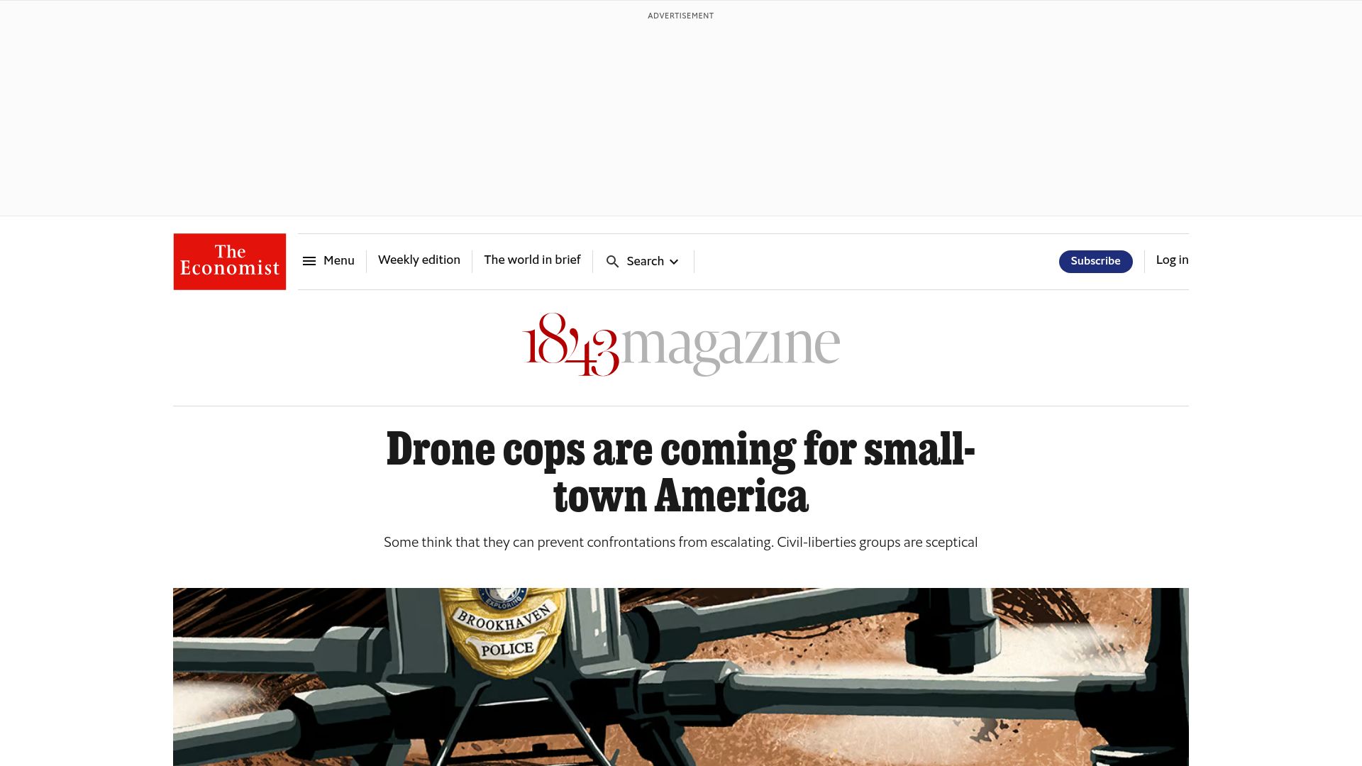 Screenshot of economist.com: Drone cops are coming for small-town America