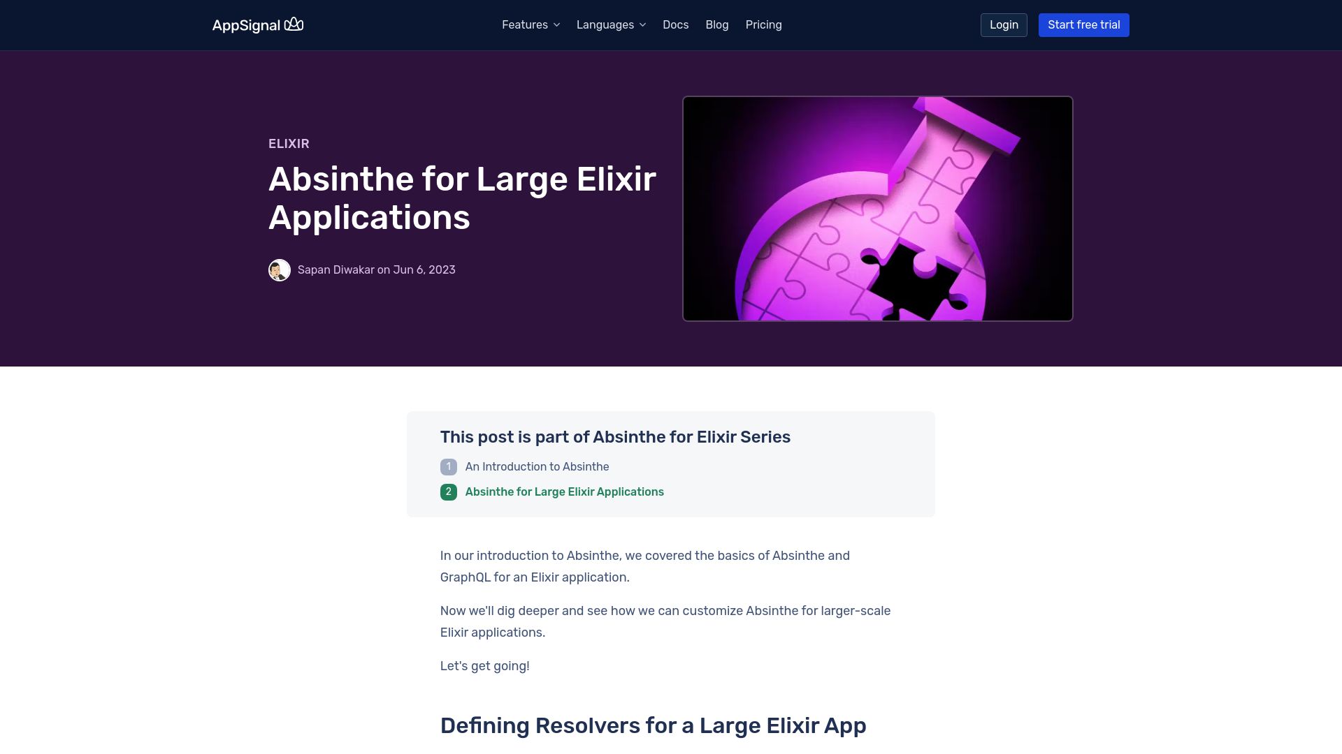 Screenshot of blog.appsignal.com: Absinthe for Large Elixir Applications