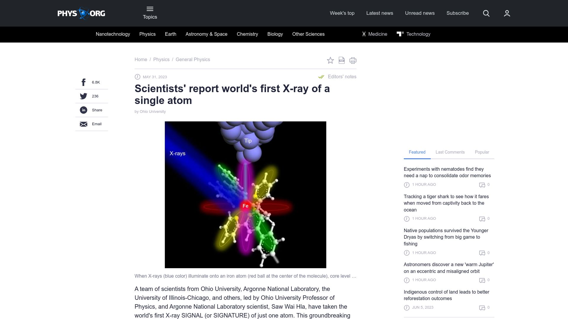 Screenshot of phys.org: Scientists' report first X-ray of a single atom