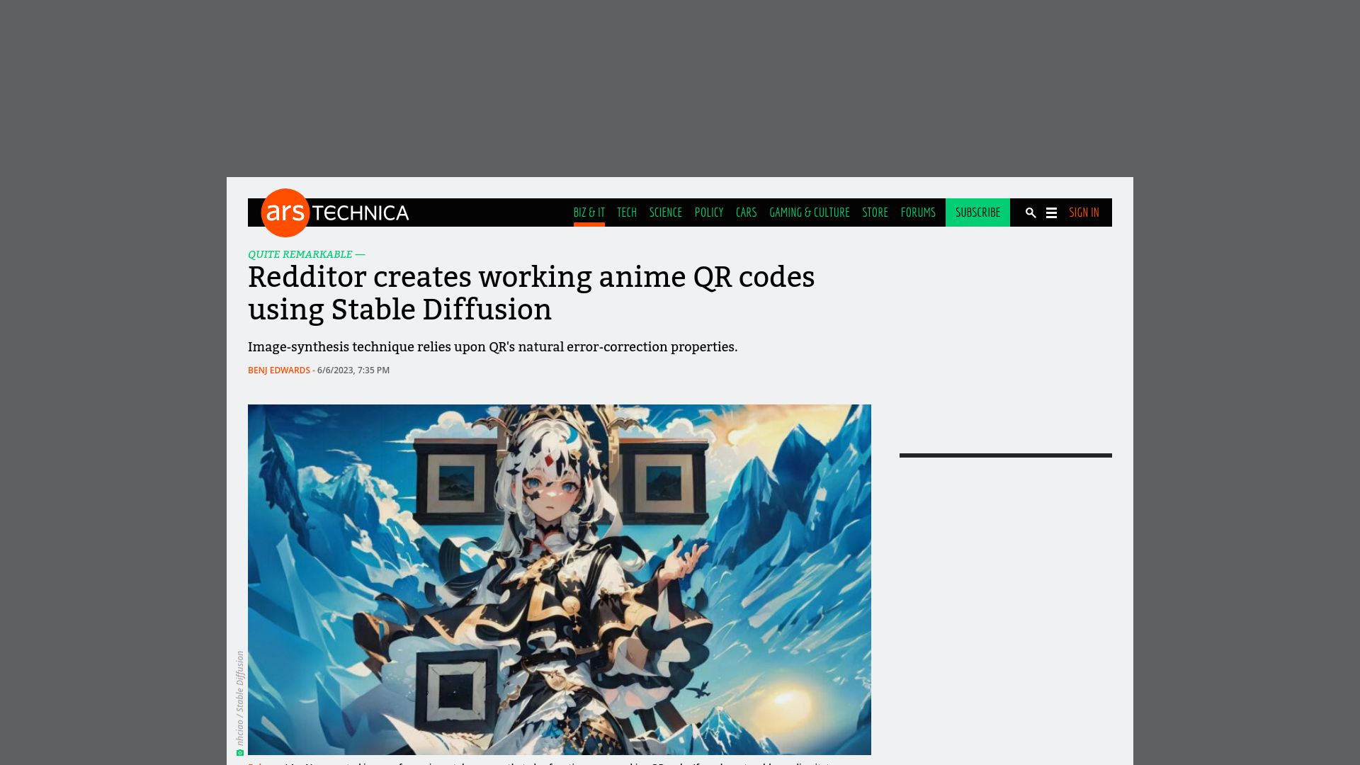 Screenshot of arstechnica.com: Redditor creates working anime QR codes using Stable Diffusion