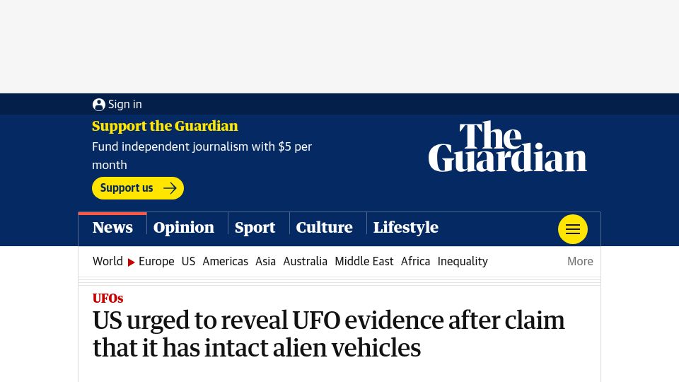 Screenshot of theguardian.com: US urged to reveal UFO evidence after claim that it has intact alien vehicles