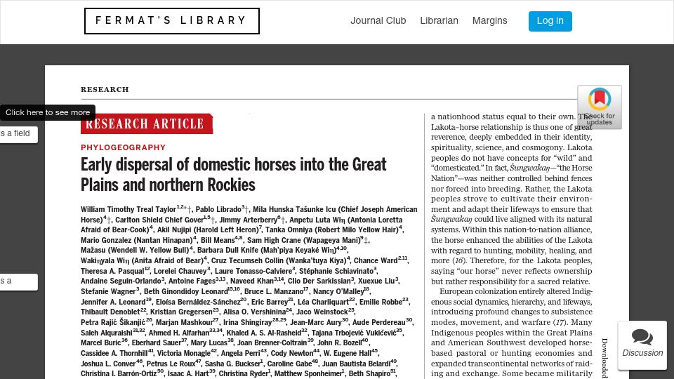 Screenshot of fermatslibrary.com: Early dispersal of domestic horses into the Great Plains and northern Rockies