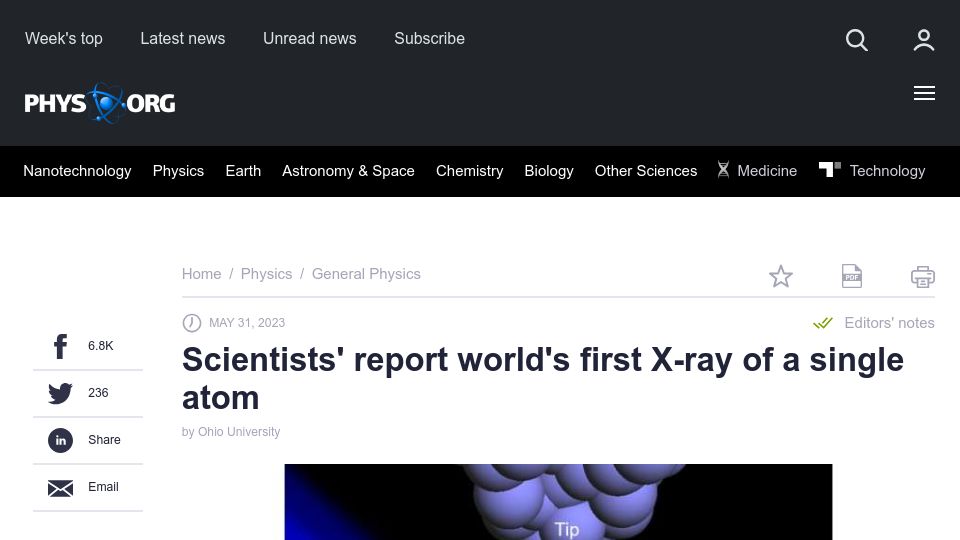 Screenshot of phys.org: Scientists' report first X-ray of a single atom