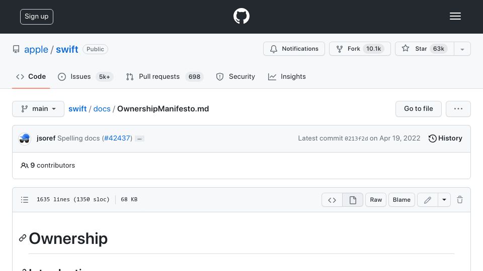 Screenshot of github.com: Ownership in Swift: Manifesto and meta-proposal (2017)