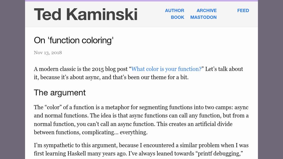 Screenshot of tedinski.com: On 'function coloring' (2018)