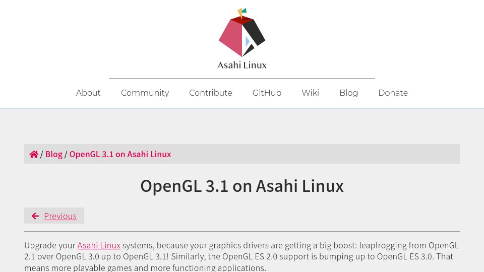 Screenshot of asahilinux.org: OpenGL 3.1 on Asahi Linux