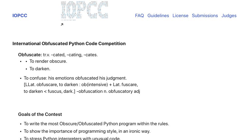 Screenshot of pyobfusc.com: International Obfuscated Python Code Competition: Submissions Open