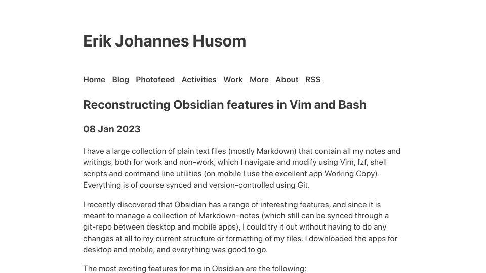 Screenshot of erikjohannes.no: Reconstructing Obsidian Features in Vim and Bash