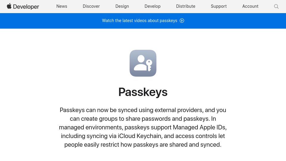 Screenshot of developer.apple.com: Passkeys now support external providers