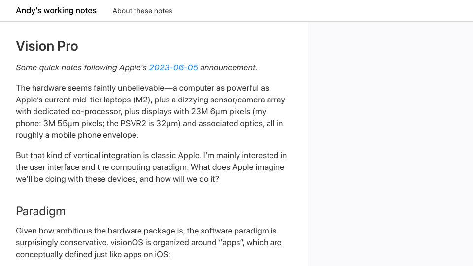 Screenshot of notes.andymatuschak.org: Notes on Vision Pro