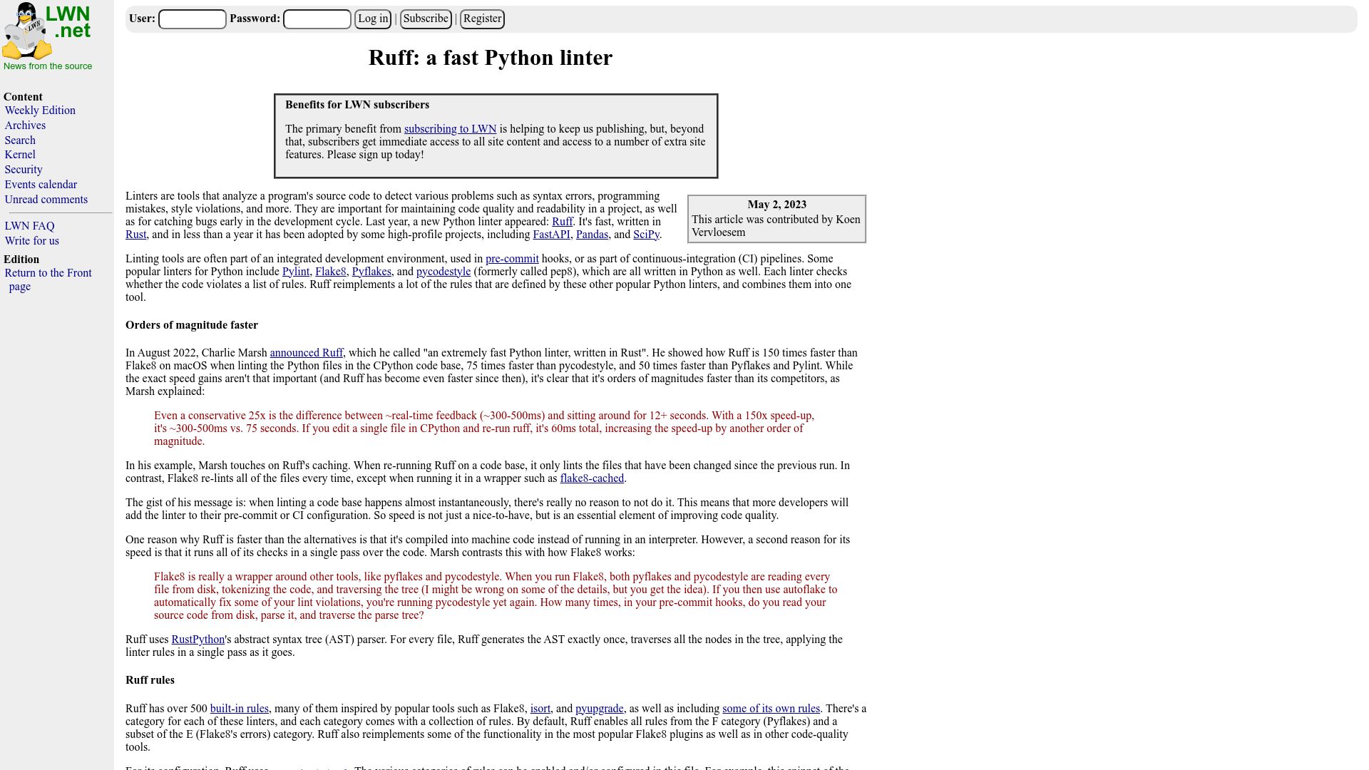 Screenshot of lwn.net: Ruff: A Fast Python Linter