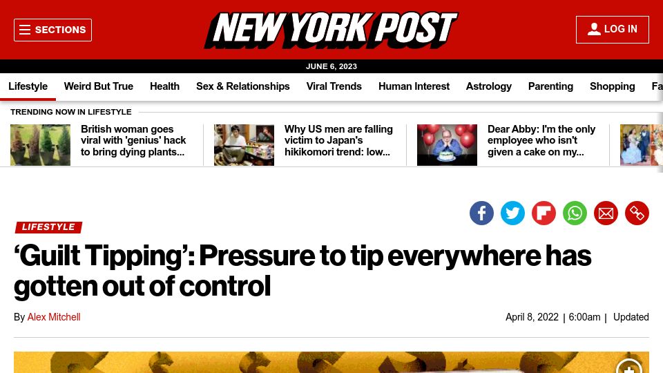 Screenshot of nypost.com: 'Guilt Tipping': Pressure to tip has gotten out of control