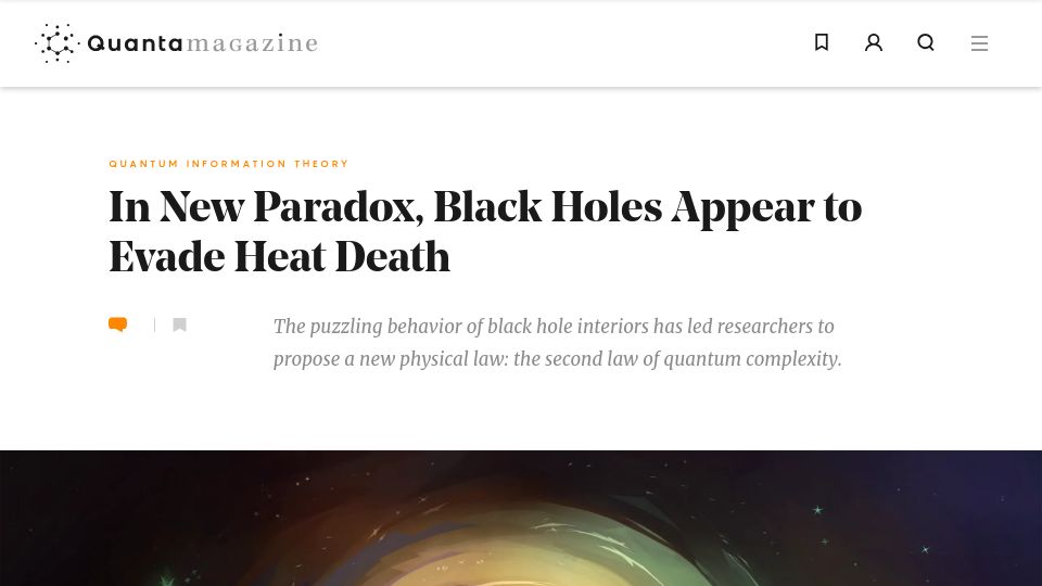 Screenshot of quantamagazine.org: In New Paradox, Black Holes Appear to Evade Heat Death