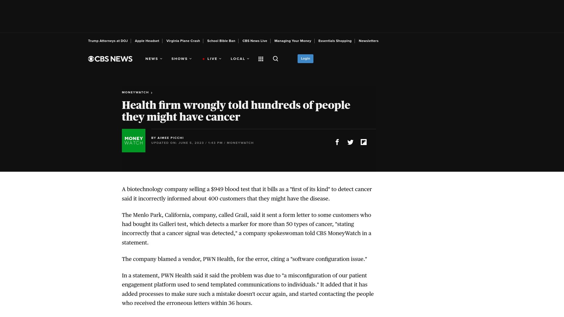 Screenshot of cbsnews.com: Grail wrongly told hundreds of people they might have cancer