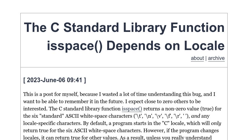 Screenshot of evanjones.ca: The C Standard Library Function Isspace() Depends on Locale