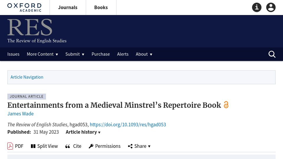 Screenshot of academic.oup.com: Entertainments from a Medieval Minstrel’s Repertoire Book