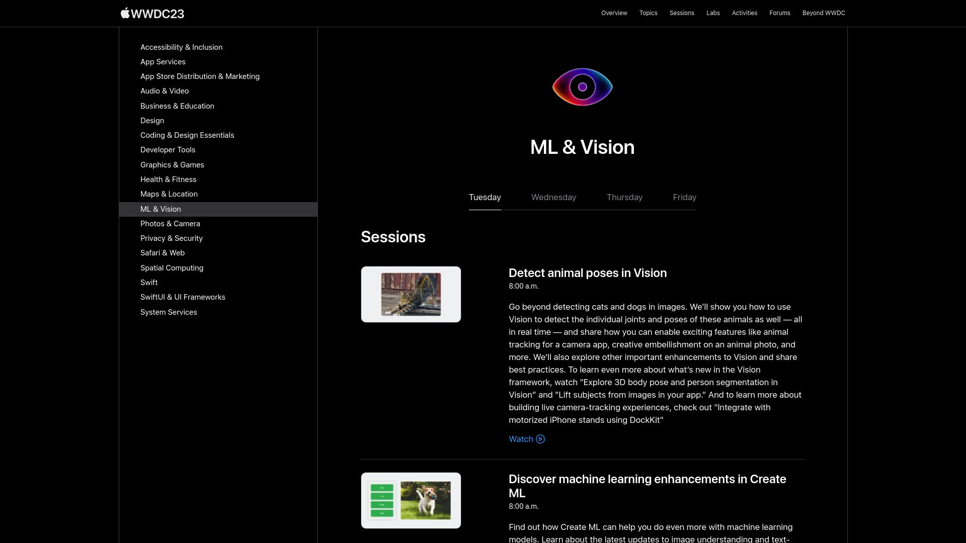 Screenshot of developer.apple.com: Apple releasing segmentation/pose for humans and animals, embedding for 27 lang