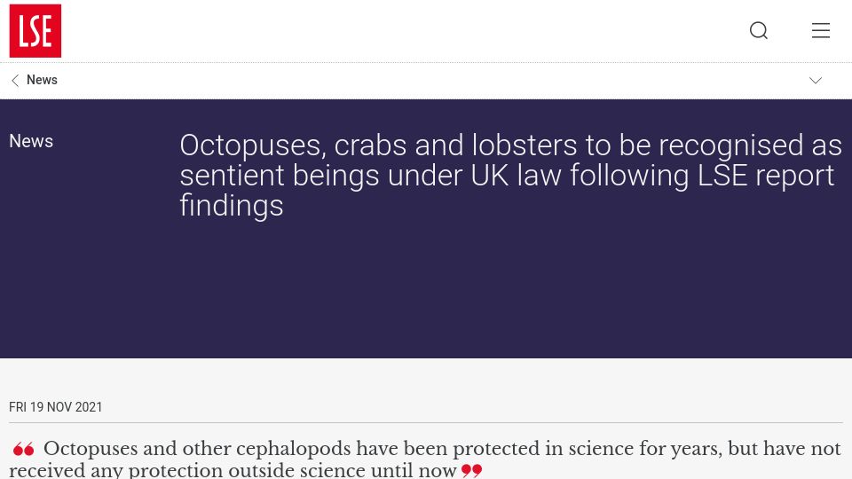 Screenshot of lse.ac.uk: Octopuses, crabs and lobsters recognised as sentient beings under UK law (2021)