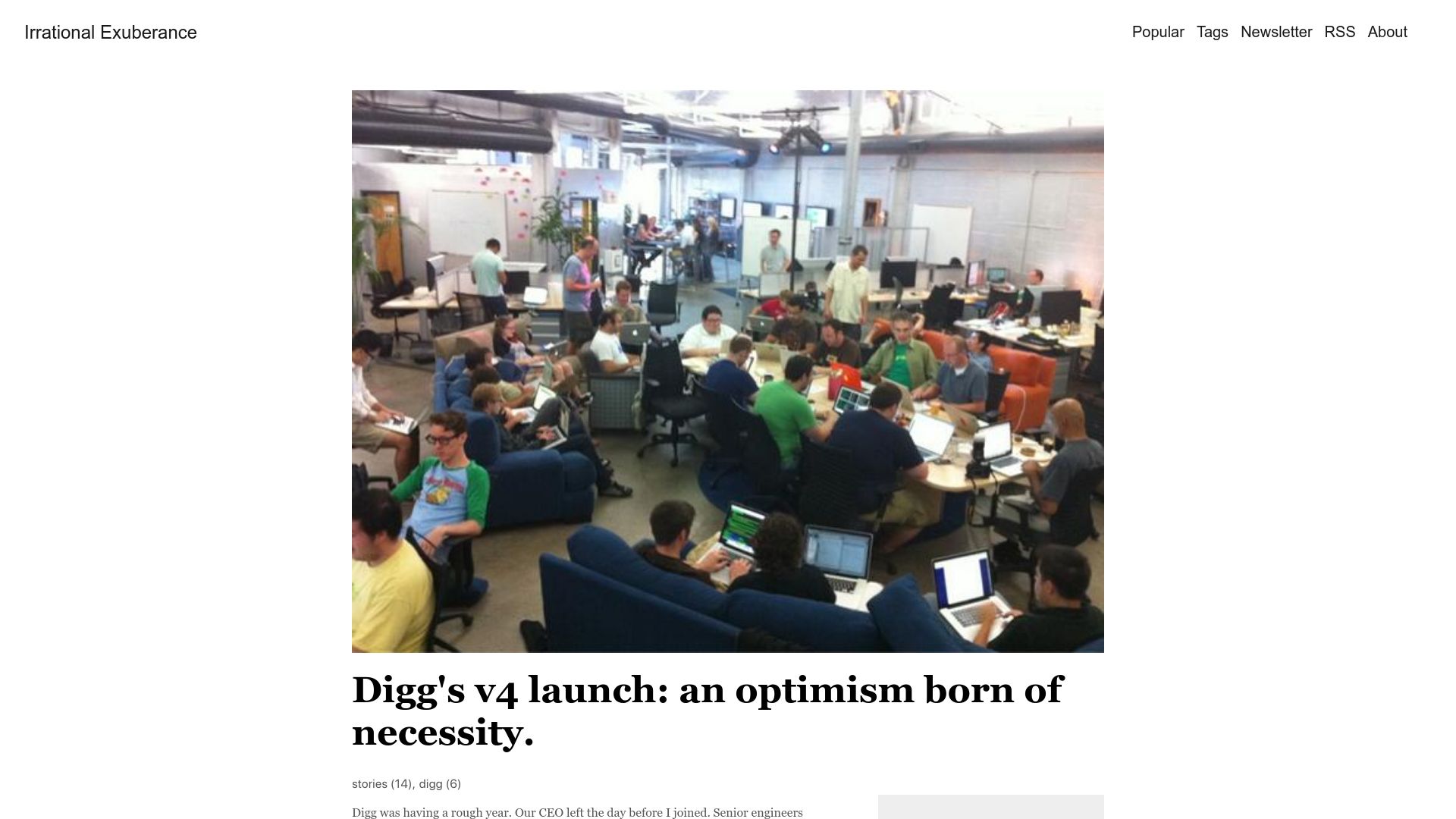 Screenshot of lethain.com: Digg's v4 launch: an optimism born of necessity (2018)