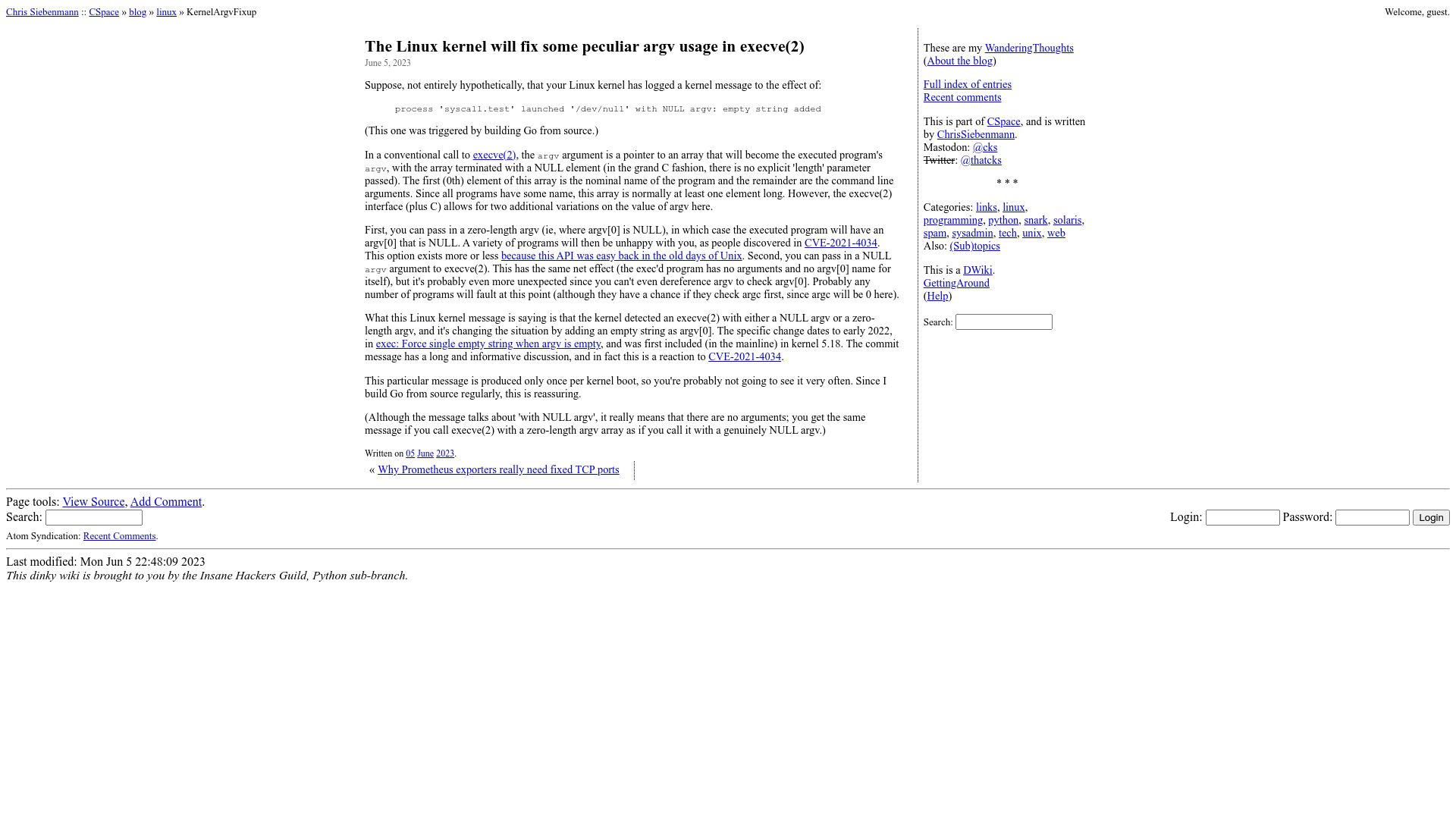 Screenshot of utcc.utoronto.ca: The Linux kernel will fix some peculiar argv usage in execve(2)