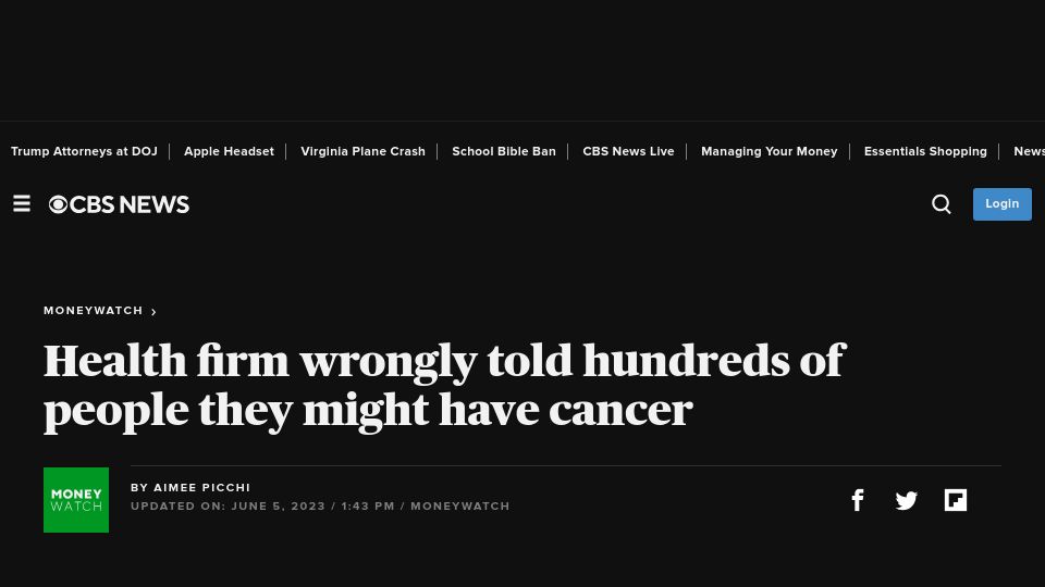 Screenshot of cbsnews.com: Grail wrongly told hundreds of people they might have cancer