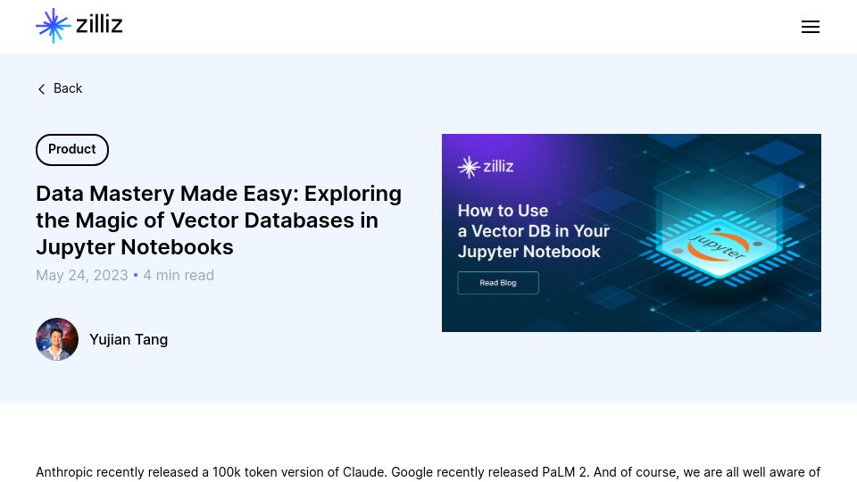 Screenshot of zilliz.com: Vector Database in a Jupyter Notebook
