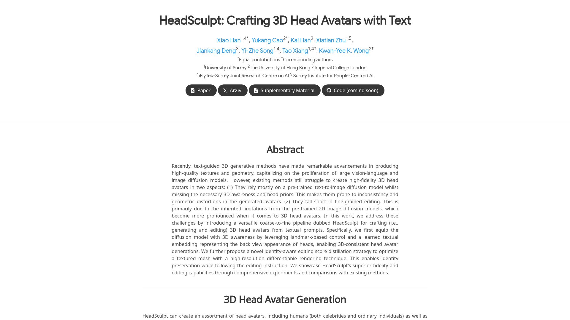 Screenshot of brandonhan.uk: HeadSculpt: Crafting 3D Head Avatars with Text
