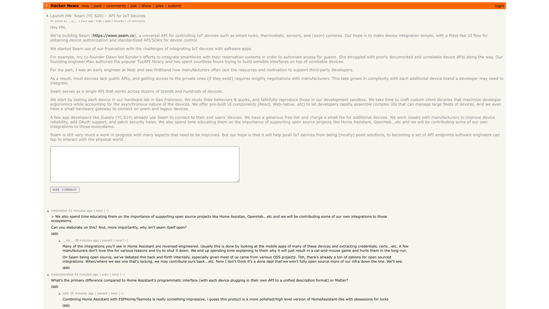 Screenshot of this Hacker News post: Launch HN: Seam (YC S20) – API for IoT Devices