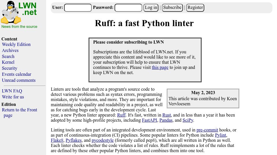 Screenshot of lwn.net: Ruff: A Fast Python Linter