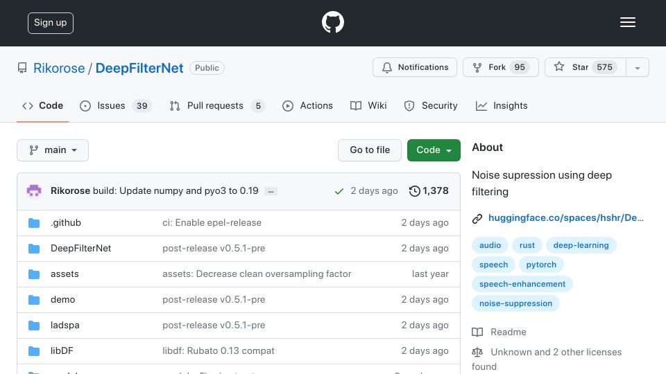 Screenshot of github.com: DeepFilterNet: Noise supression using deep filtering