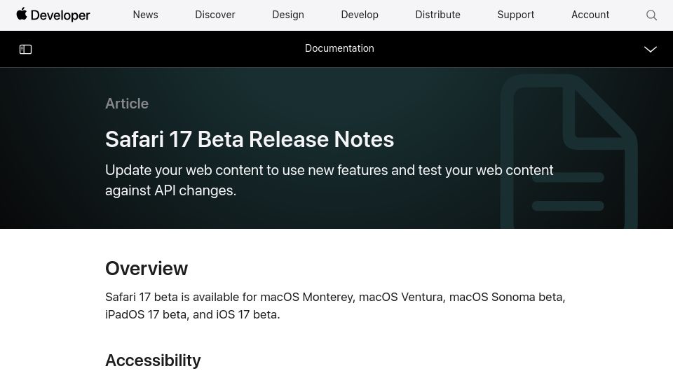 Screenshot of developer.apple.com: Apple Safari 17 beta release notes: JPEG XL support added