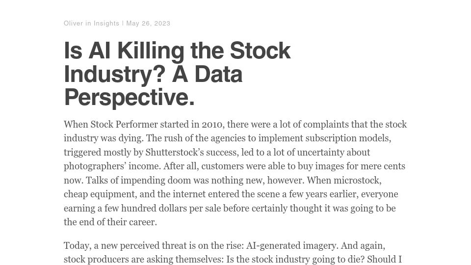 Screenshot of stockperformer.com: Is AI killing the stock photo industry? A data perspective