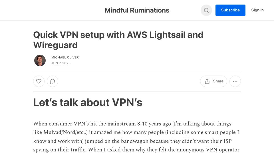 Screenshot of mcoliver.substack.com: Quick VPN Setup with AWS Lightsail and WireGuard