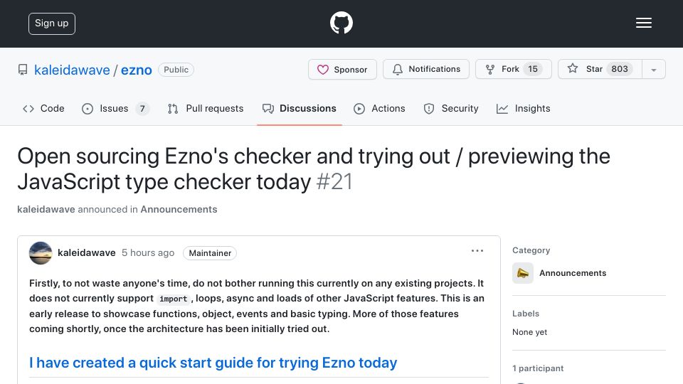 Screenshot of github.com: Show HN: Ezno, a TypeScript checker written in Rust, is now open source