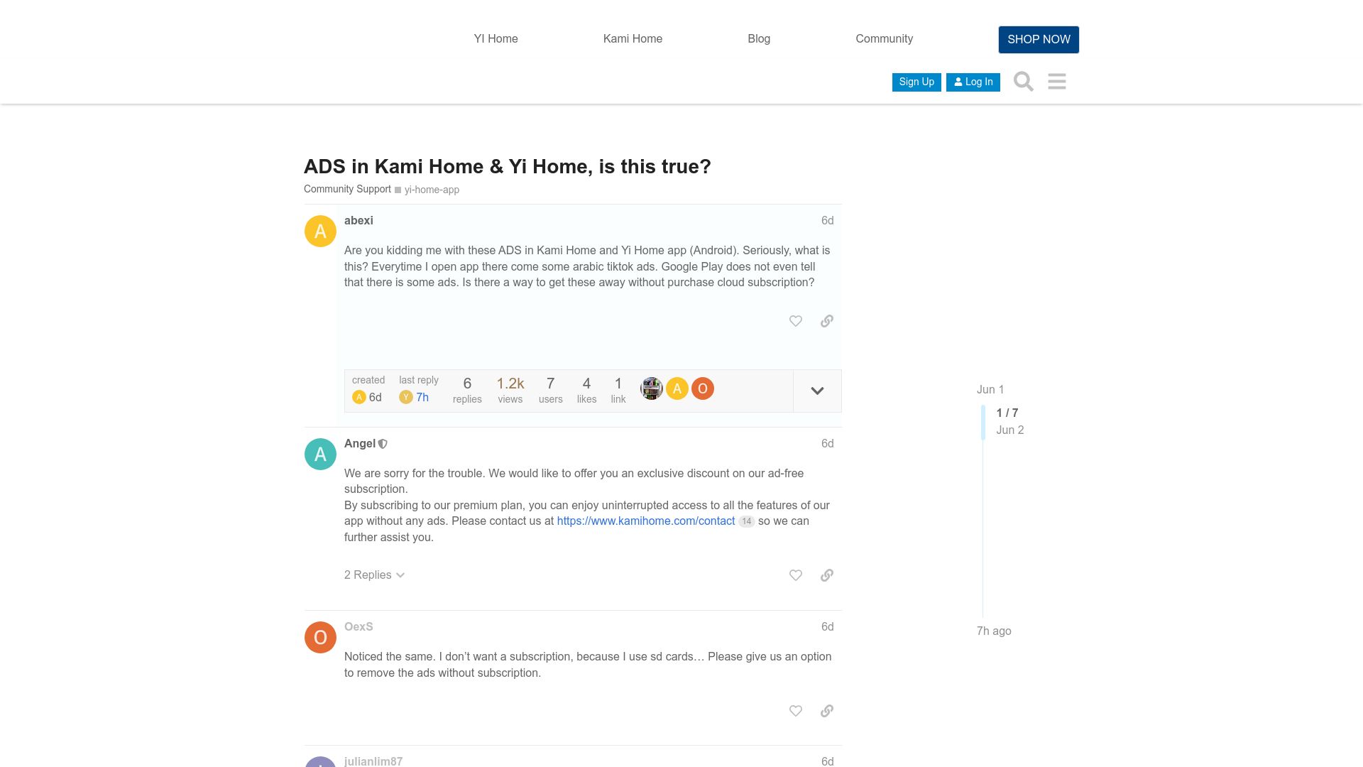 Screenshot of forum.yitechnology.com: Kami home camera app suddenly started displaying ads in the app
