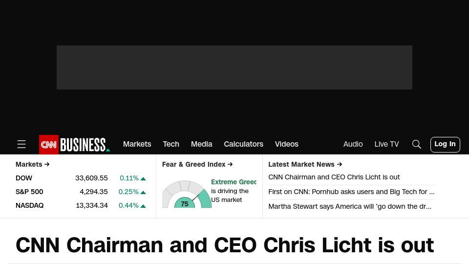 Screenshot of cnn.com: CNN Chairman and CEO Chris Licht Is Out