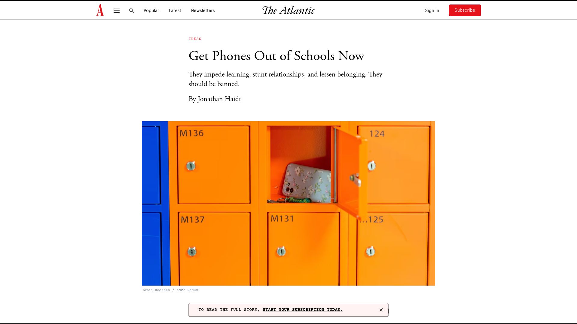 Screenshot of theatlantic.com: Get Phones Out of Schools Now