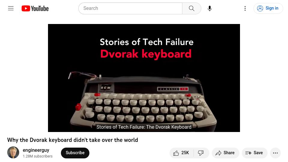 Screenshot of youtube.com: Why the Dvorak keyboard didn't take over the world (2014) [video]