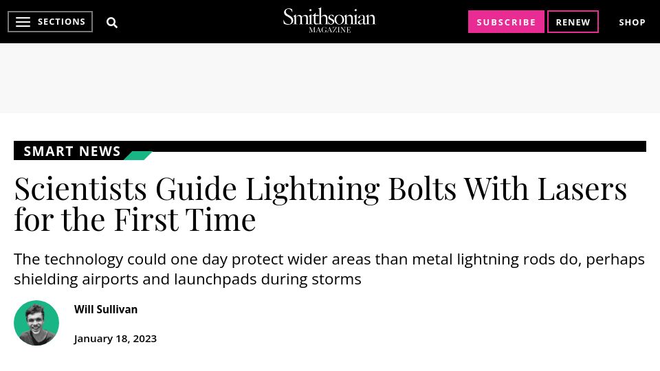 Screenshot of smithsonianmag.com: Scientists Guide Lightning Bolts with Lasers for the First Time