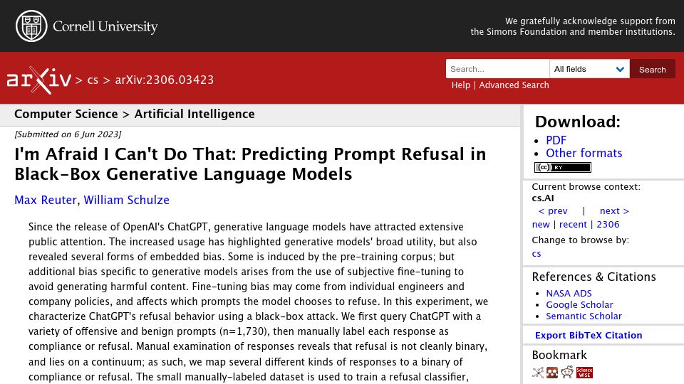 Screenshot of arxiv.org: I'm afraid I can't do that: Prompt refusal in generative language models