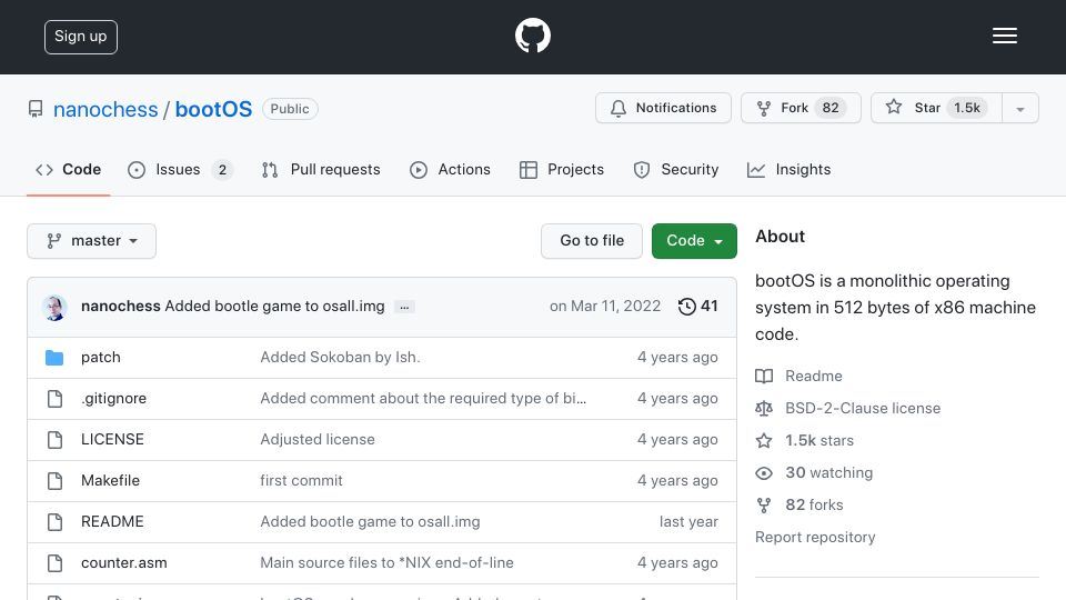 Screenshot of github.com: A monolithic operating system in 512 bytes of x86 machine code