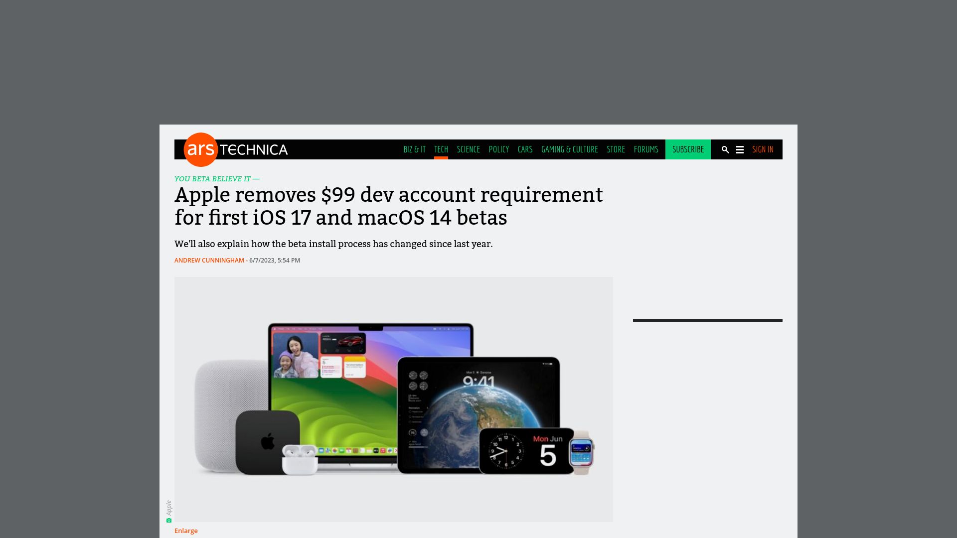 Screenshot of arstechnica.com: Apple removes $99 dev account requirement for first iOS 17 and macOS 14 betas