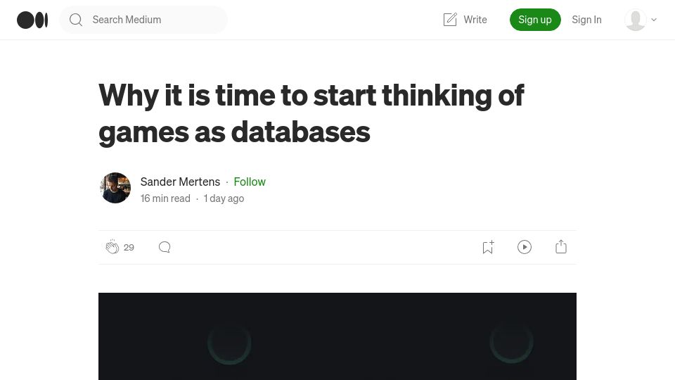 Screenshot of ajmmertens.medium.com: Thinking of games as databases