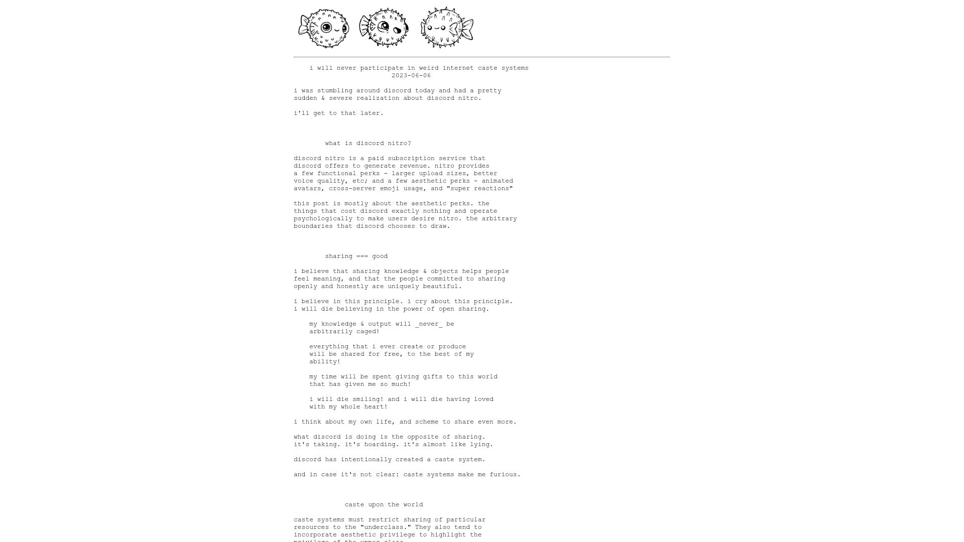 Screenshot of j3s.sh: I will never participate in weird internet caste systems