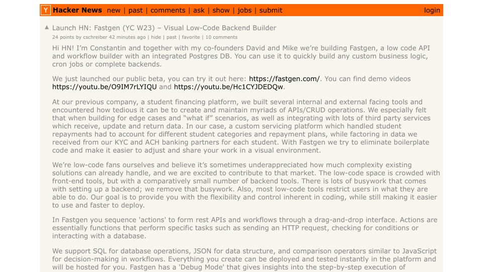 Screenshot of Hacker News post: Launch HN: Fastgen (YC W23) – Visual Low-Code Backend Builder