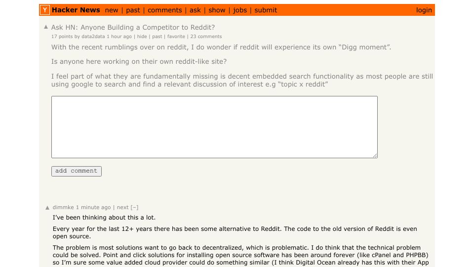 Screenshot of Hacker News post: Ask HN: Anyone Building a Competitor to Reddit?